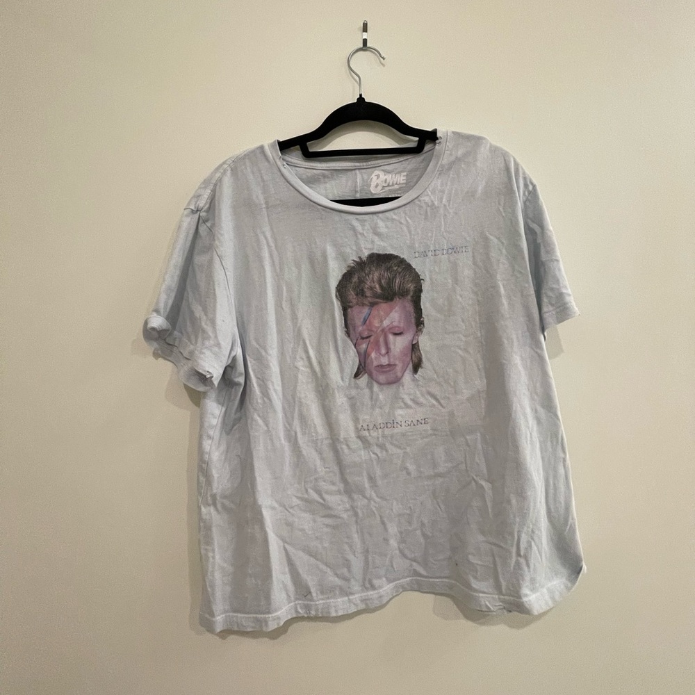 David Bowie. Light blue distressed tee. Relaxed fit.